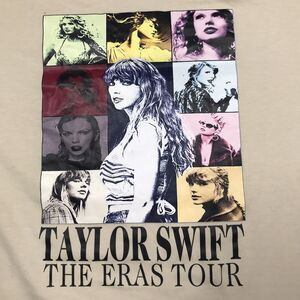 TAYLOR SWIFT Shirt Women M Tan Eras Tour Collage Front Bootleg Stretch Fabric